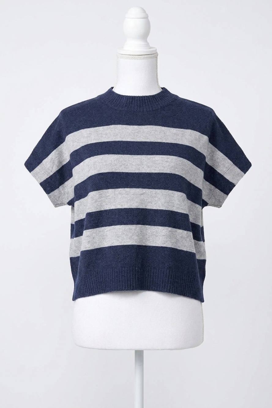 NEW PINCH sterling boxy short sleeve sweater in french navy & heathered grey